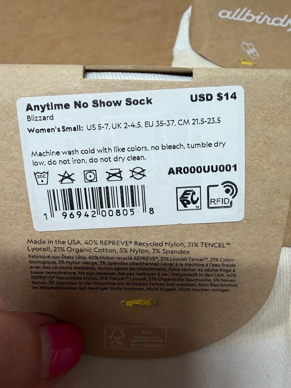 Allbirds Anytime No Show Sock Color Blizzard Size Small